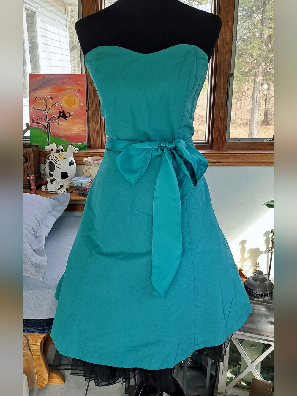 Tevolio Strapless Teal A-Line Dress with Waist Bow